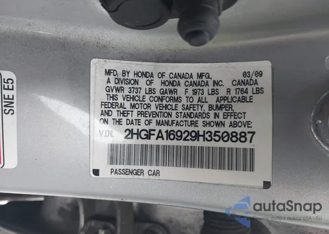 2009 Honda Civic Ex-L из США, поврежденный, VIN 2HGFA16929H350887